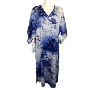Natori/CRUZ Kaftan, L, Blue/White, Kimono Sleeves, Long, V-neck, Polyester